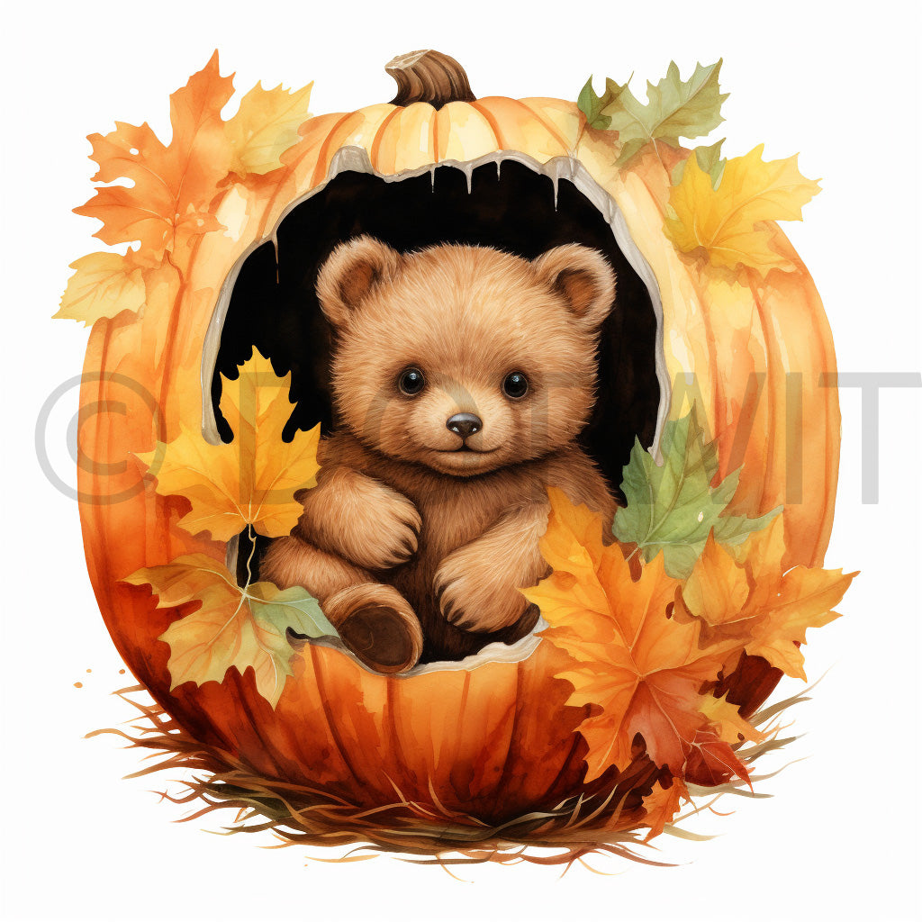 a cute baby bear inside a pumpkin Cute Autumn Animals In Pumpkins Digital Clipart and Midjourney Prompt Commercial Use