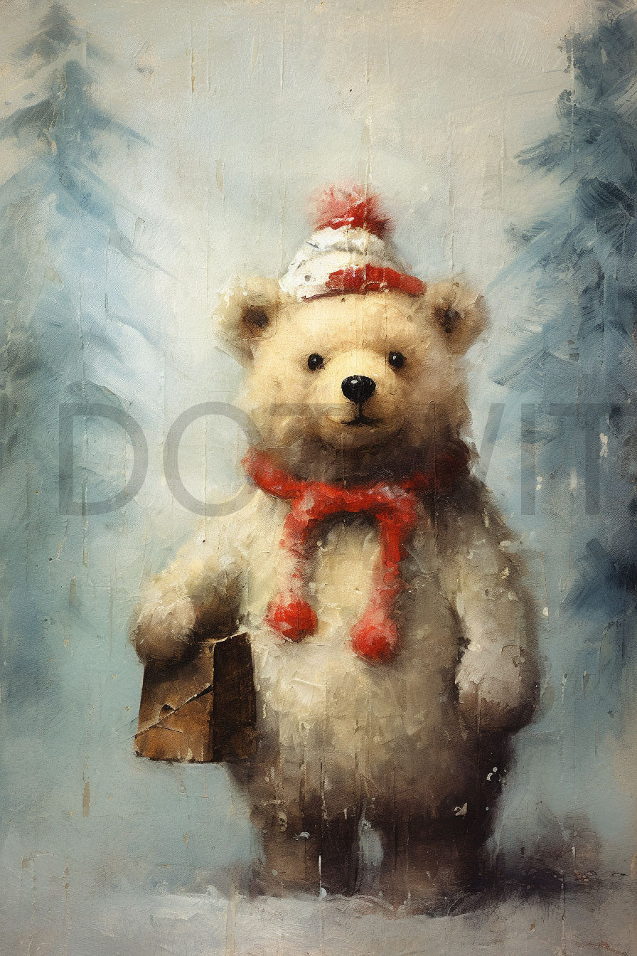 a cute christmas bear Rustic Oil Painting Ephemera Digital Art and Midjourney Prompt Commercial Use