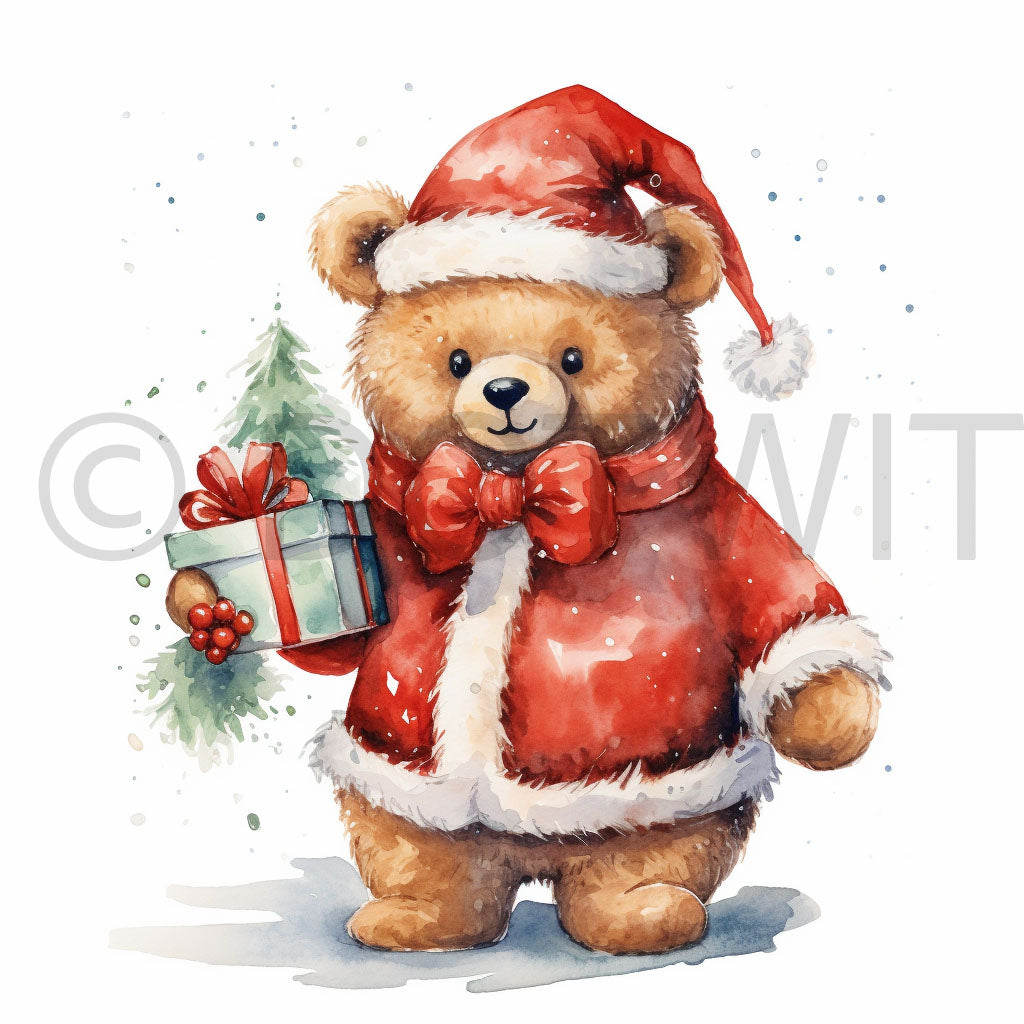 a cute teddy bear Vintage Christmas Watercolor Specials Digital Art and Midjourney Prompt Commercial Use