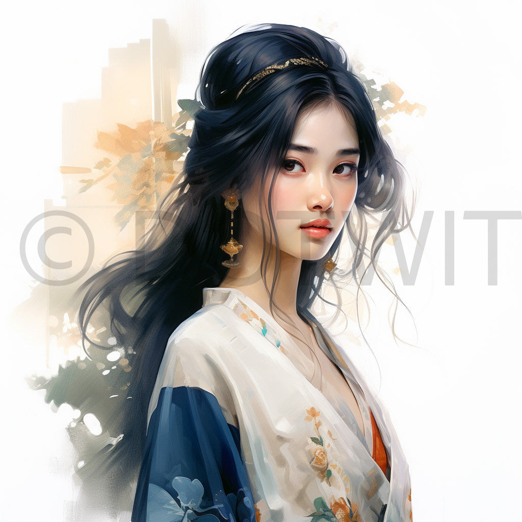 a beautiful asian girl Chinese Watercolors Asian Digital Art and Midjourney Prompt Commercial Use