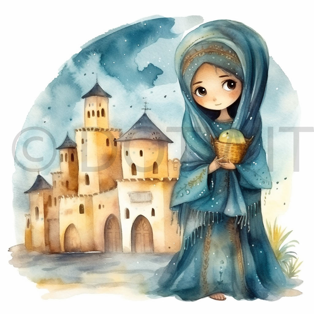 a cute girl in the desert Arab Arabian Nights Christmas Watercolor Digital Art and Midjourney Prompt Commercial Use