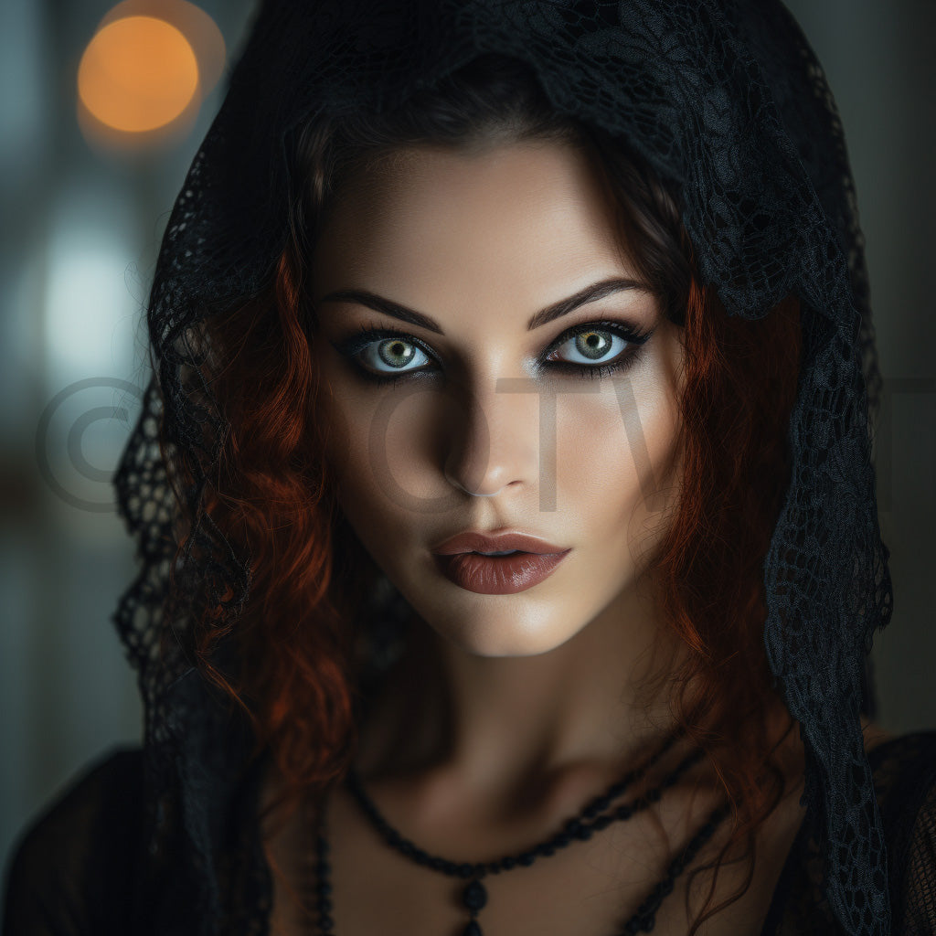 a beautiful witch with green eyes Real Halloween Portraits Gothic Digital Photos and Midjourney Prompt Commercial Use