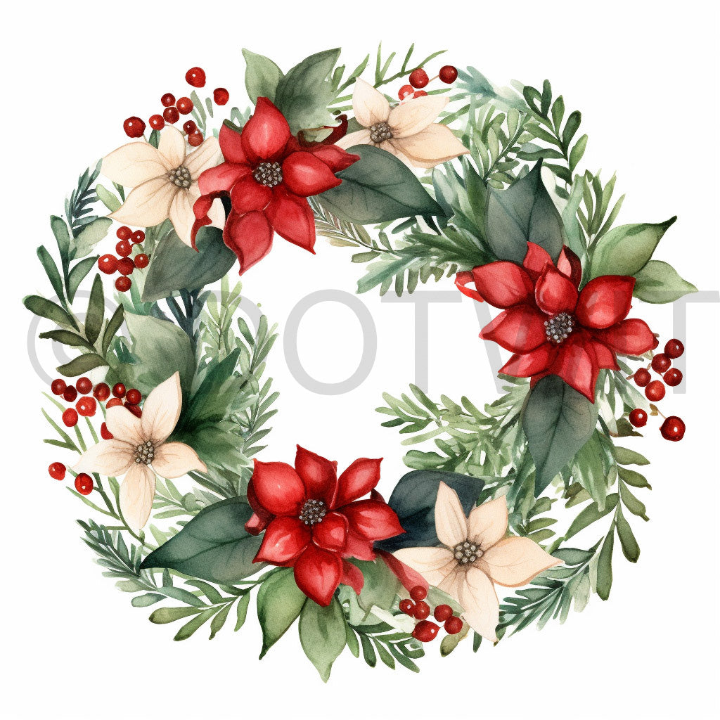 a beautiful christmas wreath Christmas Watercolor Digital Art and Midjourney Prompt Commercial Use