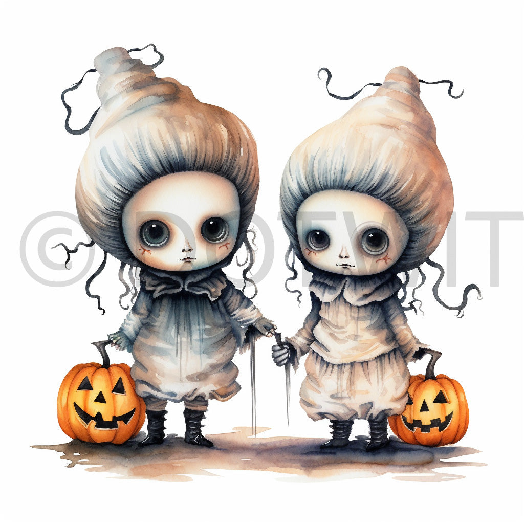 a couple of cute halloween girls characters Halloween Collections Cute Characters Digital Art and Midjourney Prompt Commercial Use