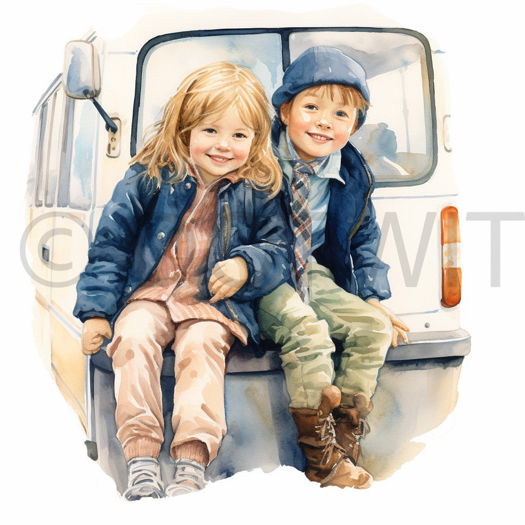 a couple of kids on the bus Back To School Watercolor Digital Clipart Midjourney Prompt Commercial Use