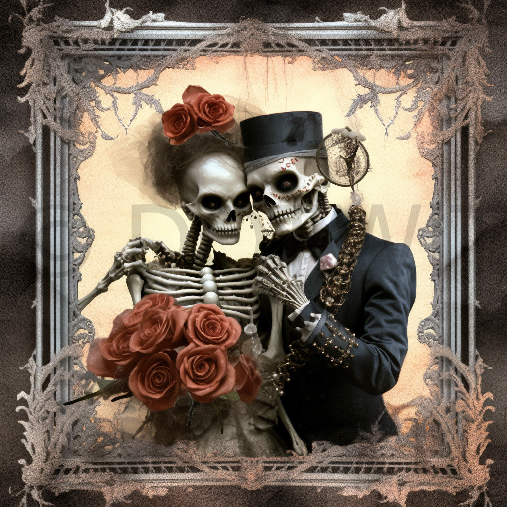 a couple of skeletons Gothic Halloween Ephemera Junk Papers Digital Art and Midjourney Prompt Commercial Use
