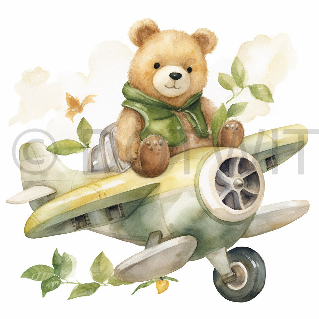 a cute bear in a plane Cute Gardening Watercolor Nursery Digital Art and Midjourney Prompt Commercial Use