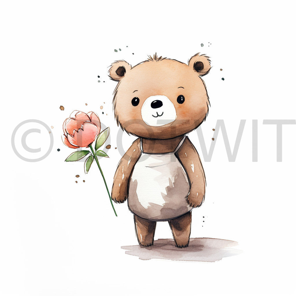 a bear with a rose Cute Digital Drawings Romantic Doodles Nursery Art and Midjourney Prompt Commercial Use