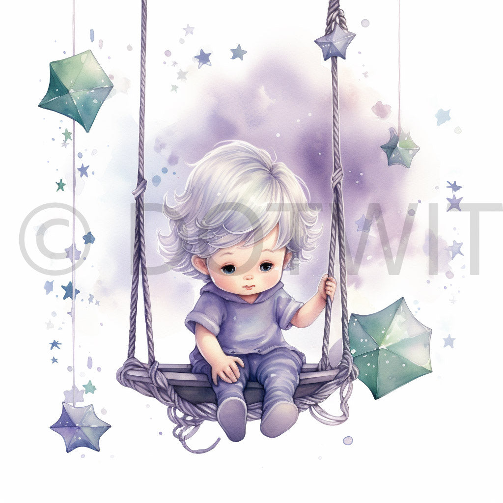 a cute baby in a swing Enchanted Watercolor Clipart Nursery Art Digital Art and Midjourney Prompt Commercial Use