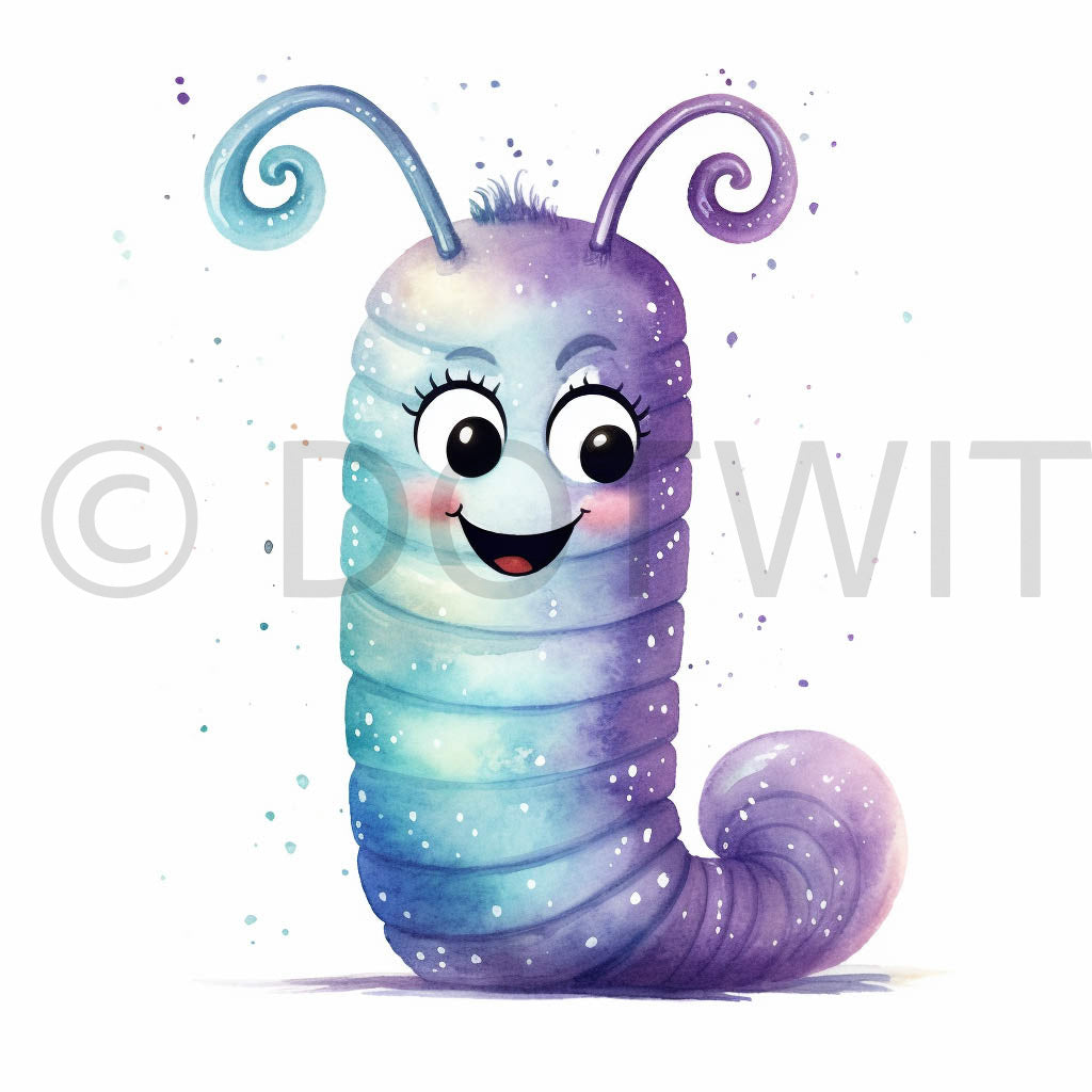 a cute caterpillar Sparkling Watercolor Purple Nursery Digital Art and Midjourney Prompt Commercial Use