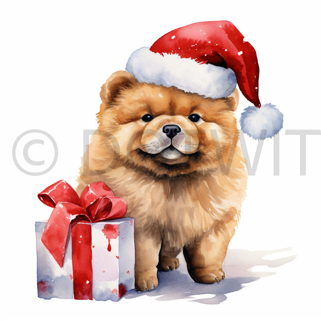 a cute chow chow puppy Christmas Watercolor Baby Dog Breeds Art Digital Art and Midjourney Prompt Commercial Use