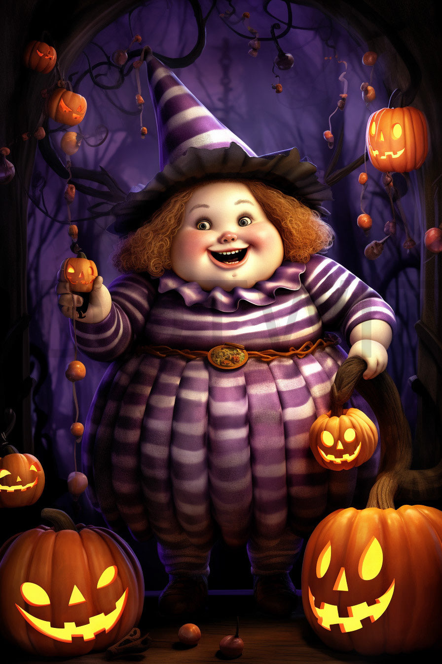 a chubby halloween girl with a stripes Halloween Posters Cute Halloween Digital Cards and Midjourney Prompt Commercial Use