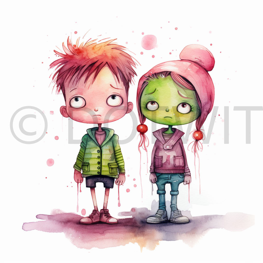 a couple of kids Surreal Watercolor Cute Quirky Cartoons Digital Art and Midjourney Prompt Commercial Use