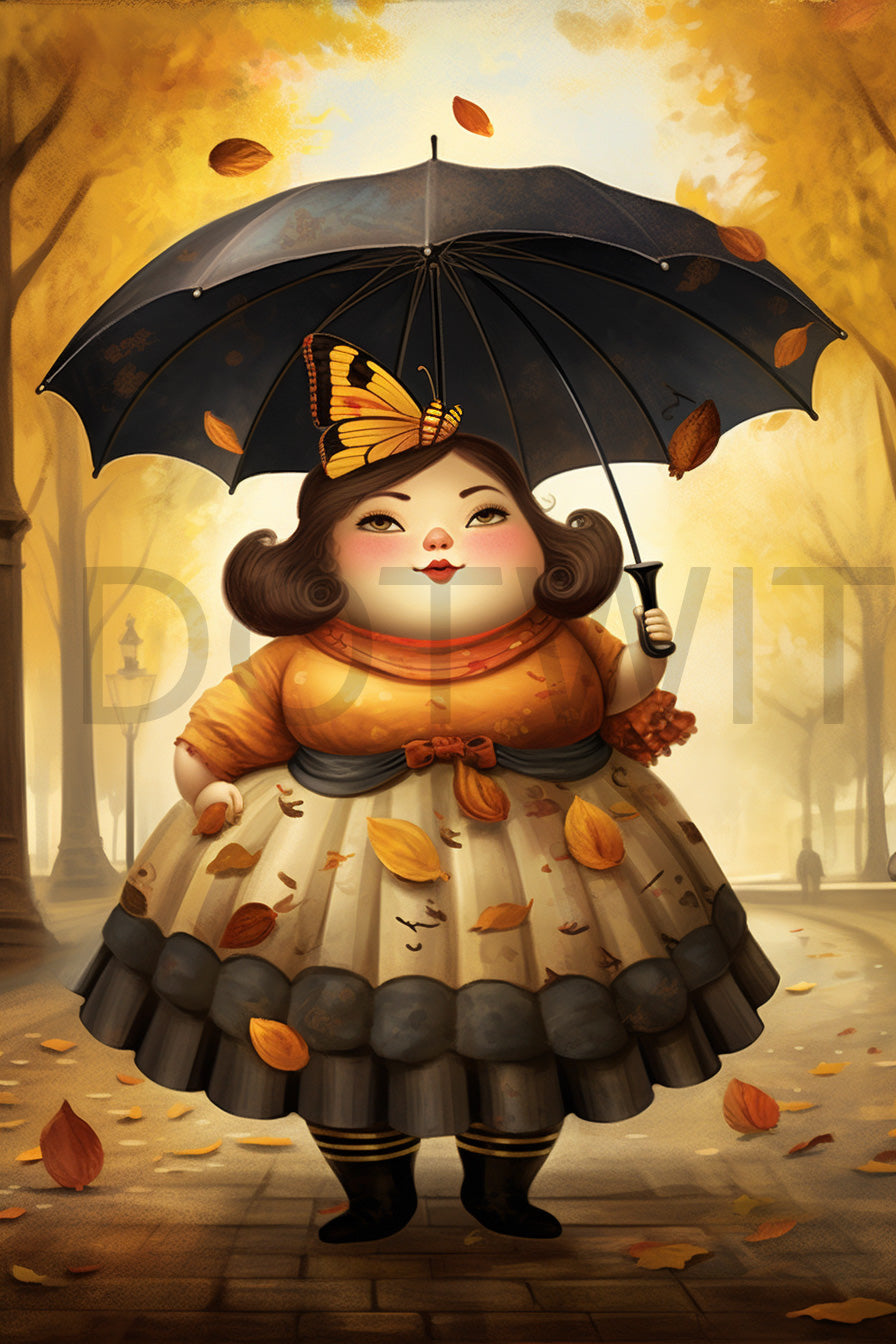 a cute lady with an umbrella in autumn Cute Autumn Digital Cards Fall Postcards Posters and Midjourney Prompt Commercial Use