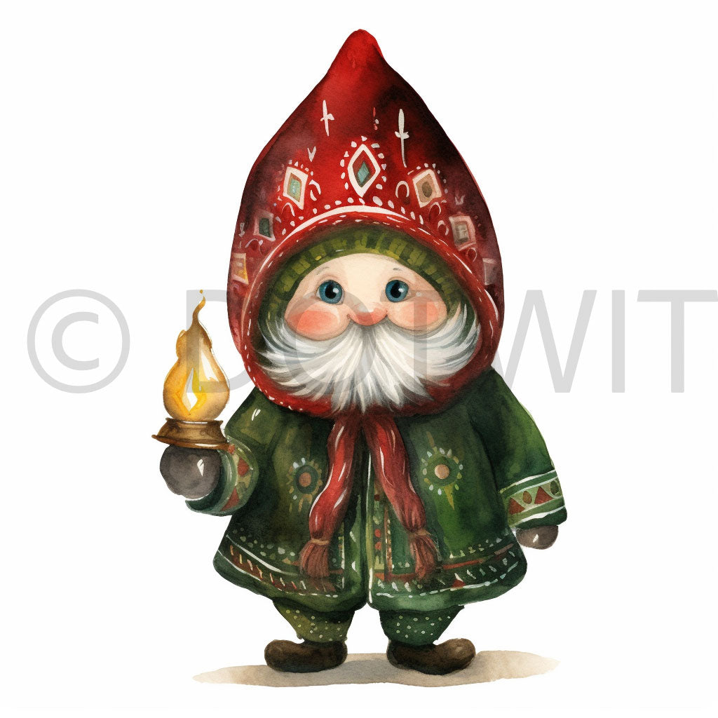 a cute gnome Russian Christmas Watercolor Clipart Art Digital Art and Midjourney Prompt Commercial Use