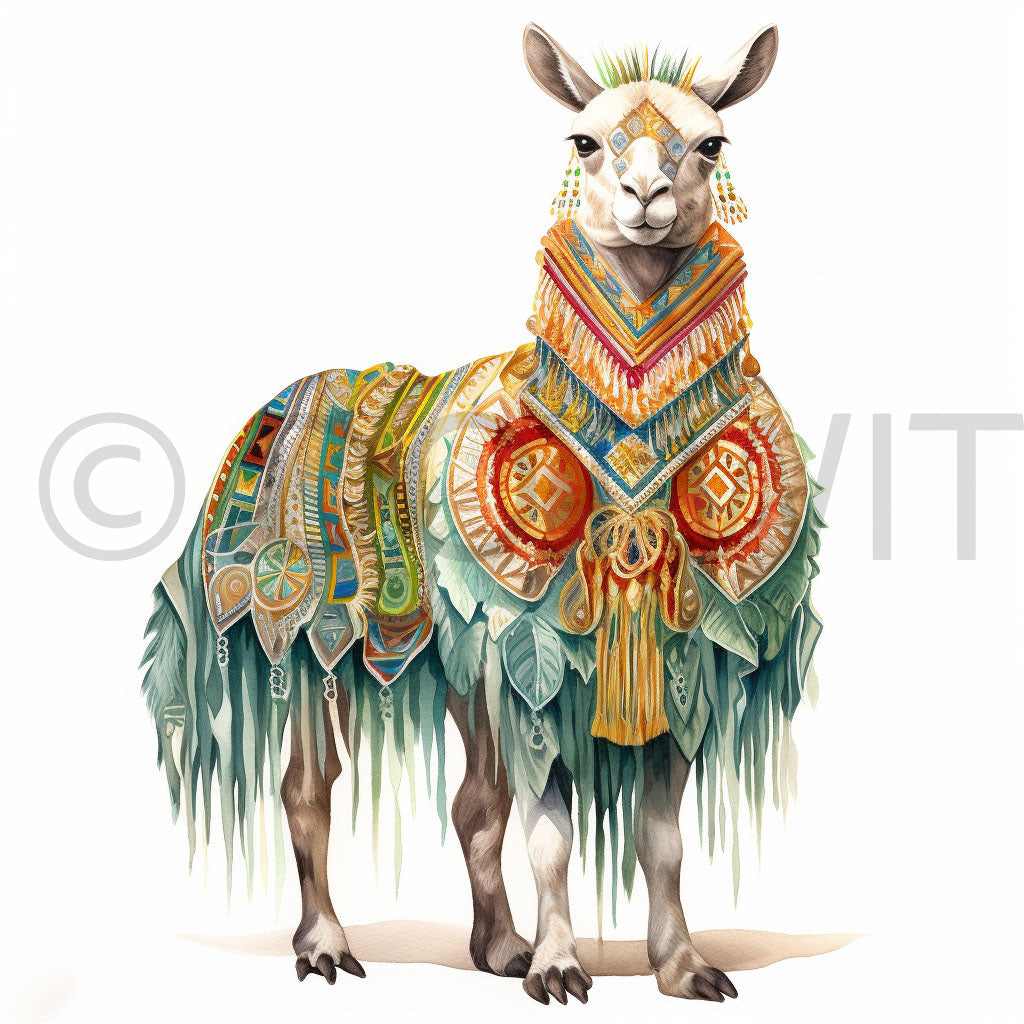 a llama Inca Art Watercolors Midjourney Prompt
