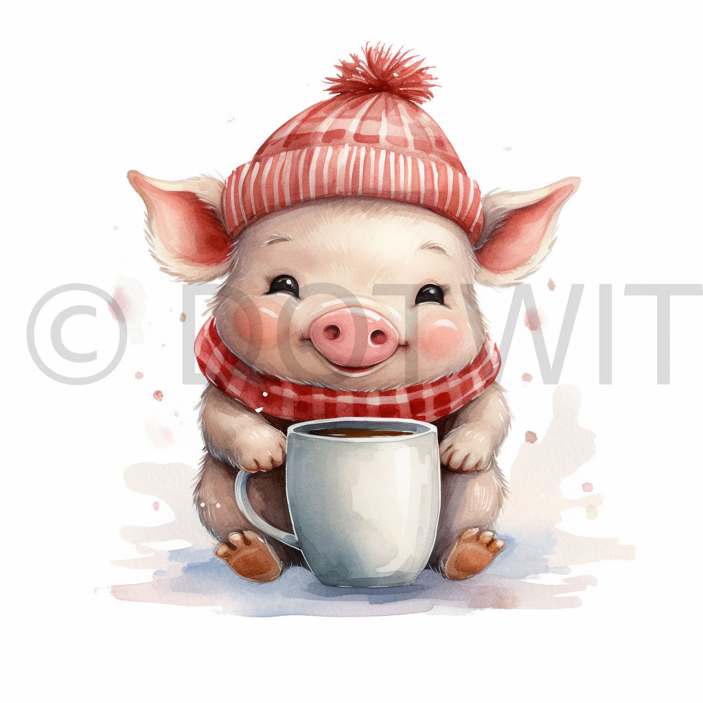 a cute pig Coffee Lovers Christmas Watercolor Digital Art and Midjourney Prompt Commercial Use