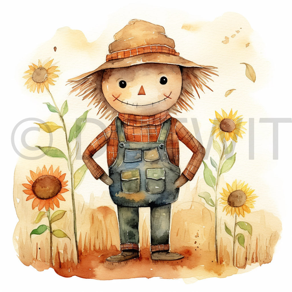 a cute scarecrow Cute Farm Watercolor Nursery Art Clipart Digital Art and Midjourney Prompt Commercial Use