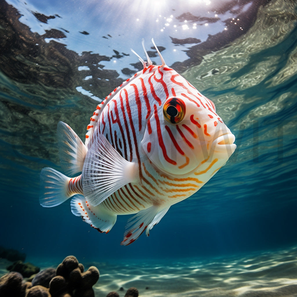 a cute white and red fish underwater Underwater Photos Sea Animals Wallpapers Digital Art and Midjourney Prompt Commercial Use