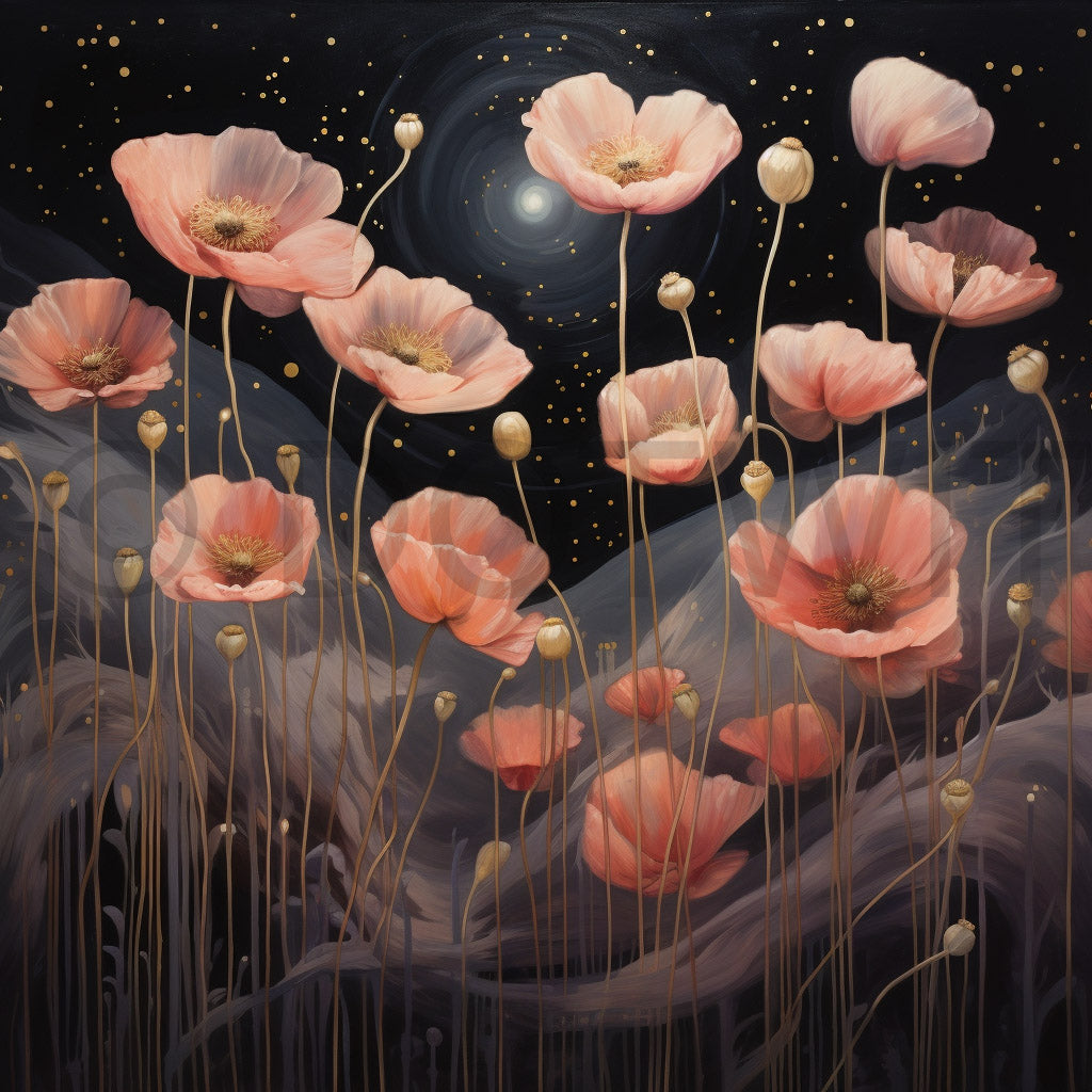 a field of flowers Gold Astral Illustrations Realism Digital Art and Midjourney Prompt Commercial Use