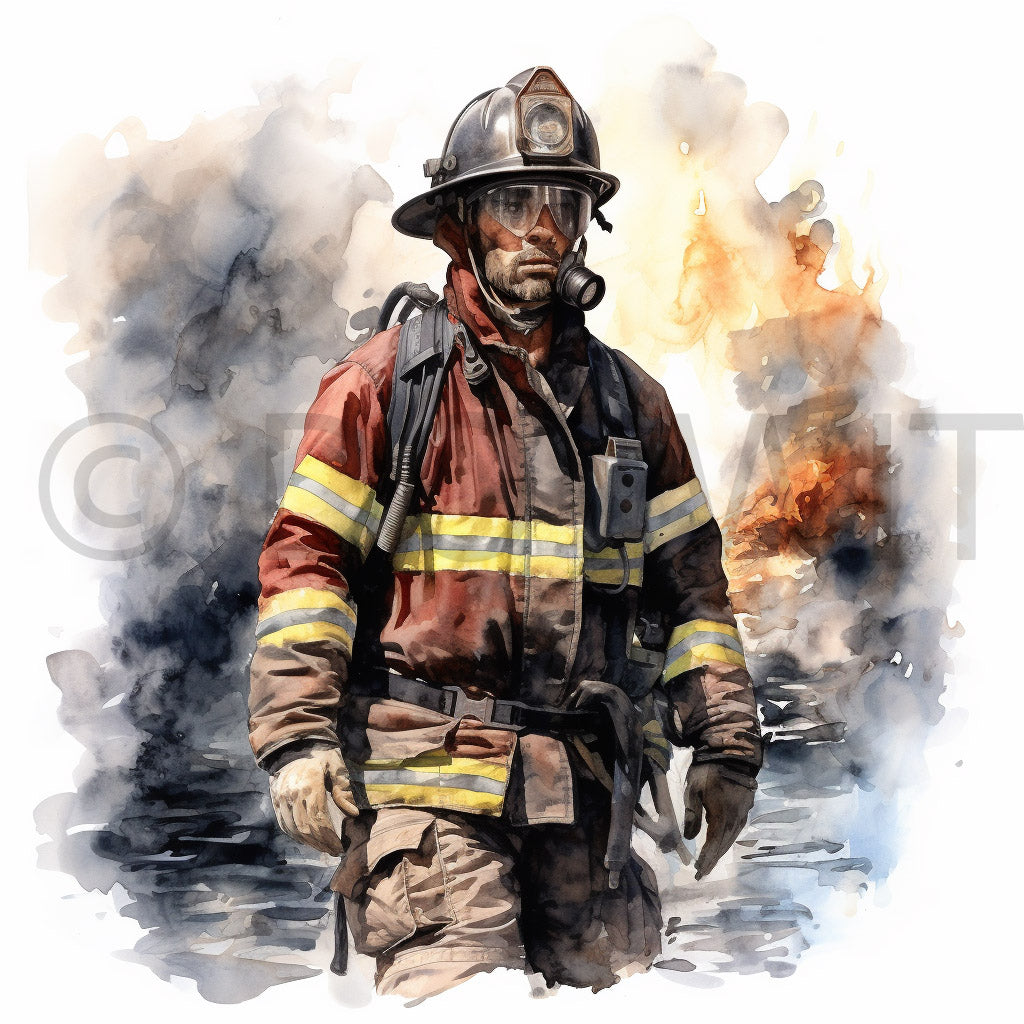 Firefighter Watercolor Clipart Firemen Digital Art and Midjourney Prompt Commercial Use