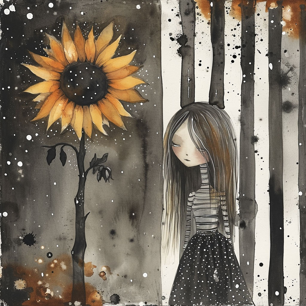 a girl with a sunflower Surreal Ephemera Illustrations Midjourney V6 Prompt