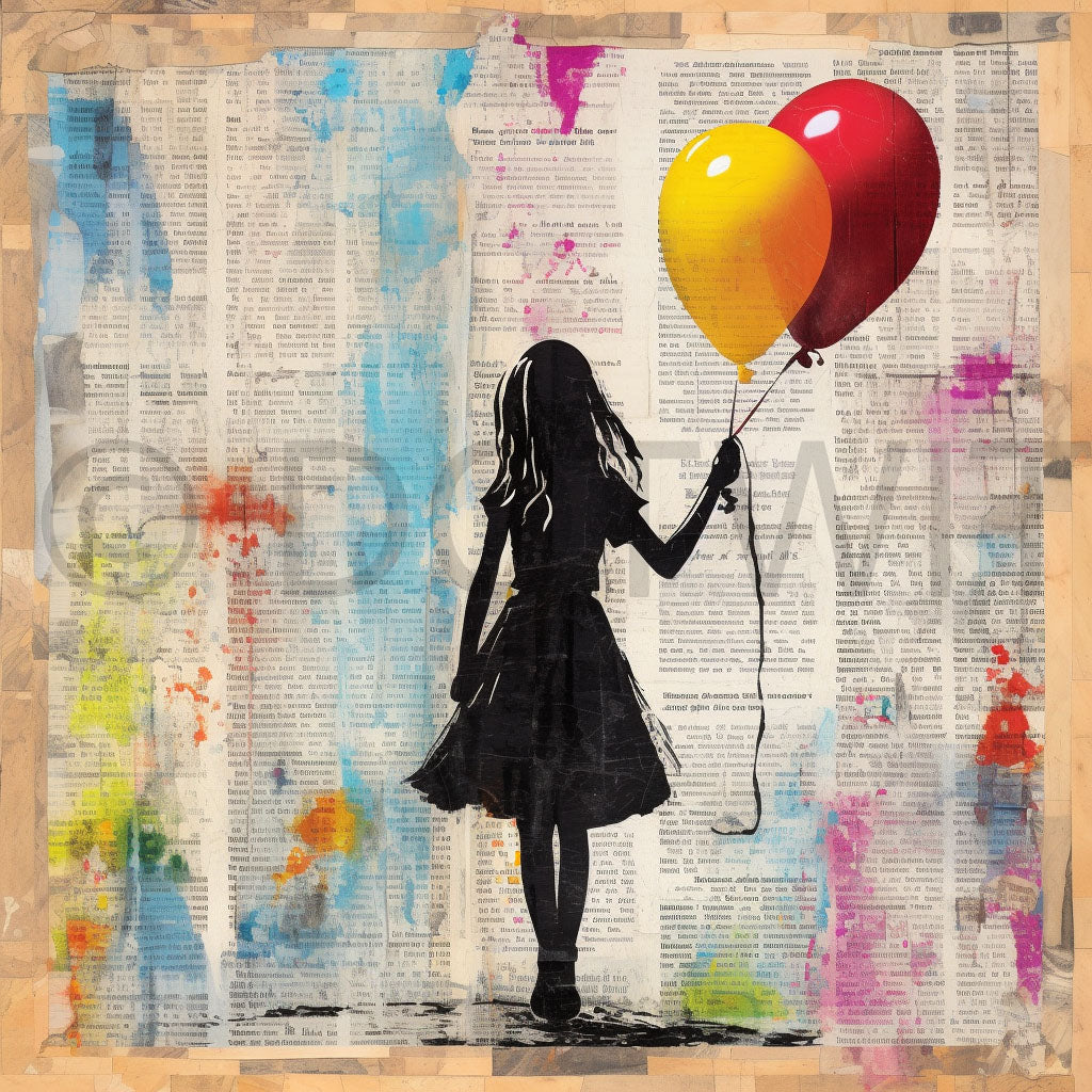 a girl holding a balloon Black Silhouettes Whimsical Ephemera Art Digital Art and Midjourney Prompt Commercial Use
