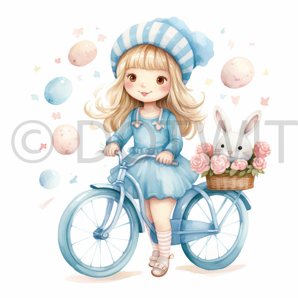 a girl riding a bike Cute Easter Watercolor Nursery Digital Art and Midjourney Prompt Commercial Use