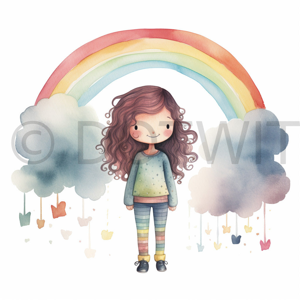 a girl under the rainbow Cute Nursery Digital Art Kids Wall Decals Babies and Midjourney Prompt Commercial Use
