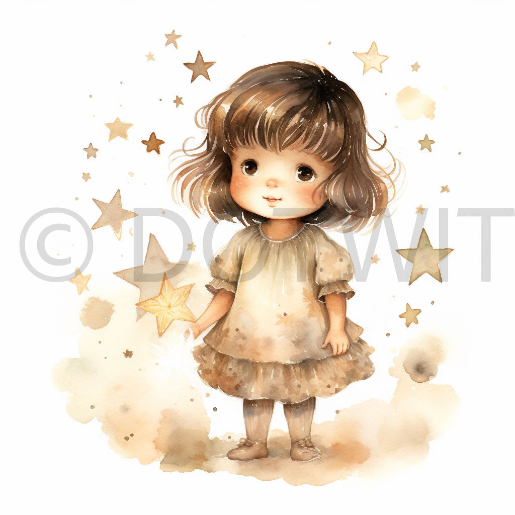 a girl with stars Vintage Watercolor Nursery Collections Digital Art and Midjourney Prompt Commercial Use
