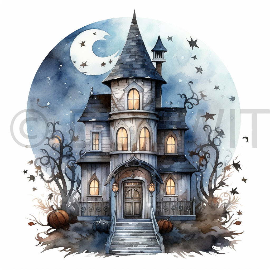 a haunted house with stars Cute Halloween Watercolors Digital Art and Midjourney Prompt Commercial Use