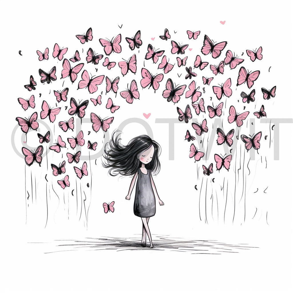 a little girl with butterflies Nursery Digital Art Wall Decals Doodle Sketches and Midjourney Prompt Commercial Use