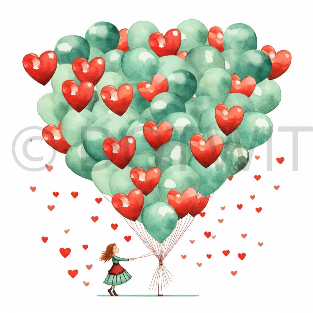 a lot of balloons forming a heart Valentines Day Watercolor Couples Hearts Digital Art and Midjourney Prompt Commercial Use