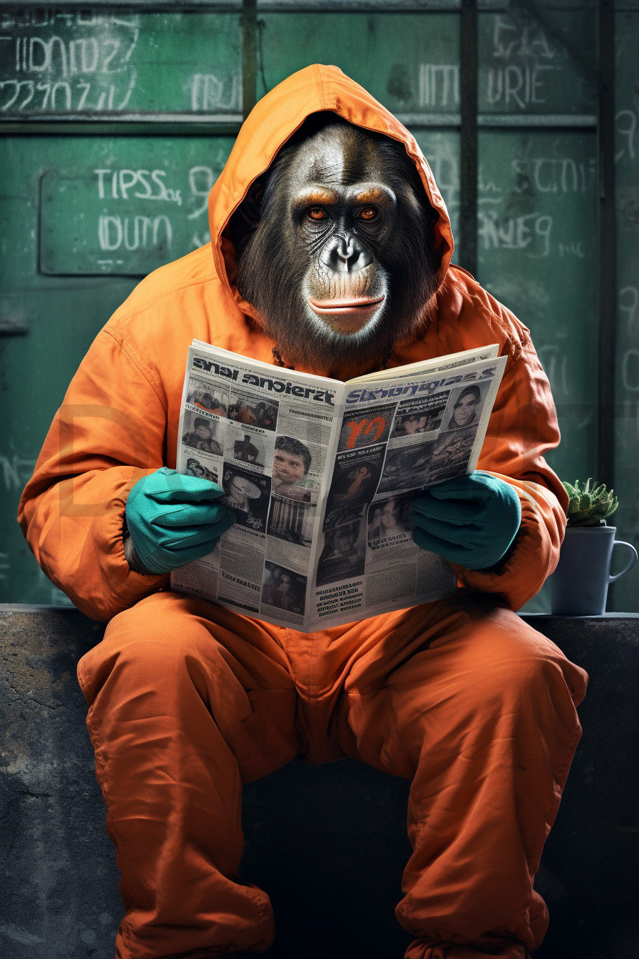 a monkey reading the newspaper Animal Posters Urban Newspaper Cards Digital Art and Midjourney Prompt Commercial Use