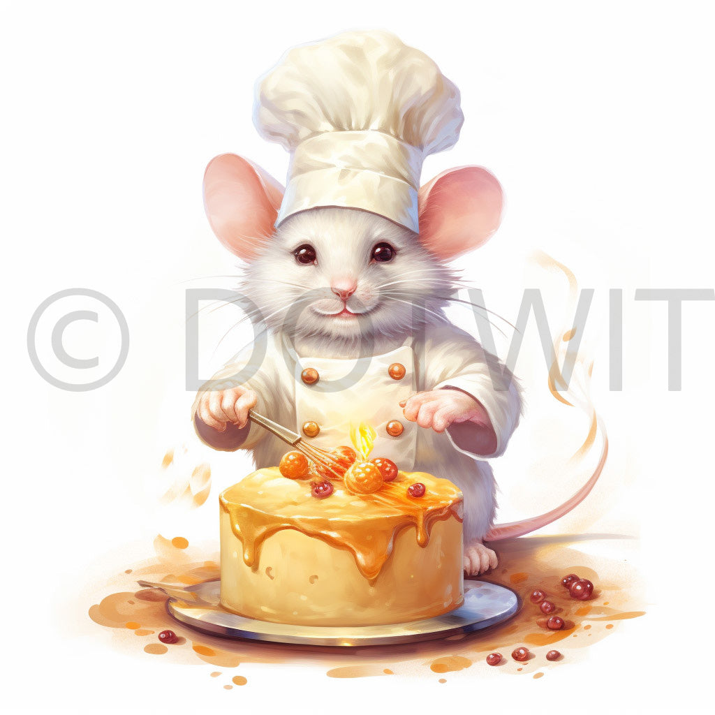 a mouse baker cooking a cake Watercolor Food Illustrations Bakery Digital Art and Midjourney Prompt Commercial Use