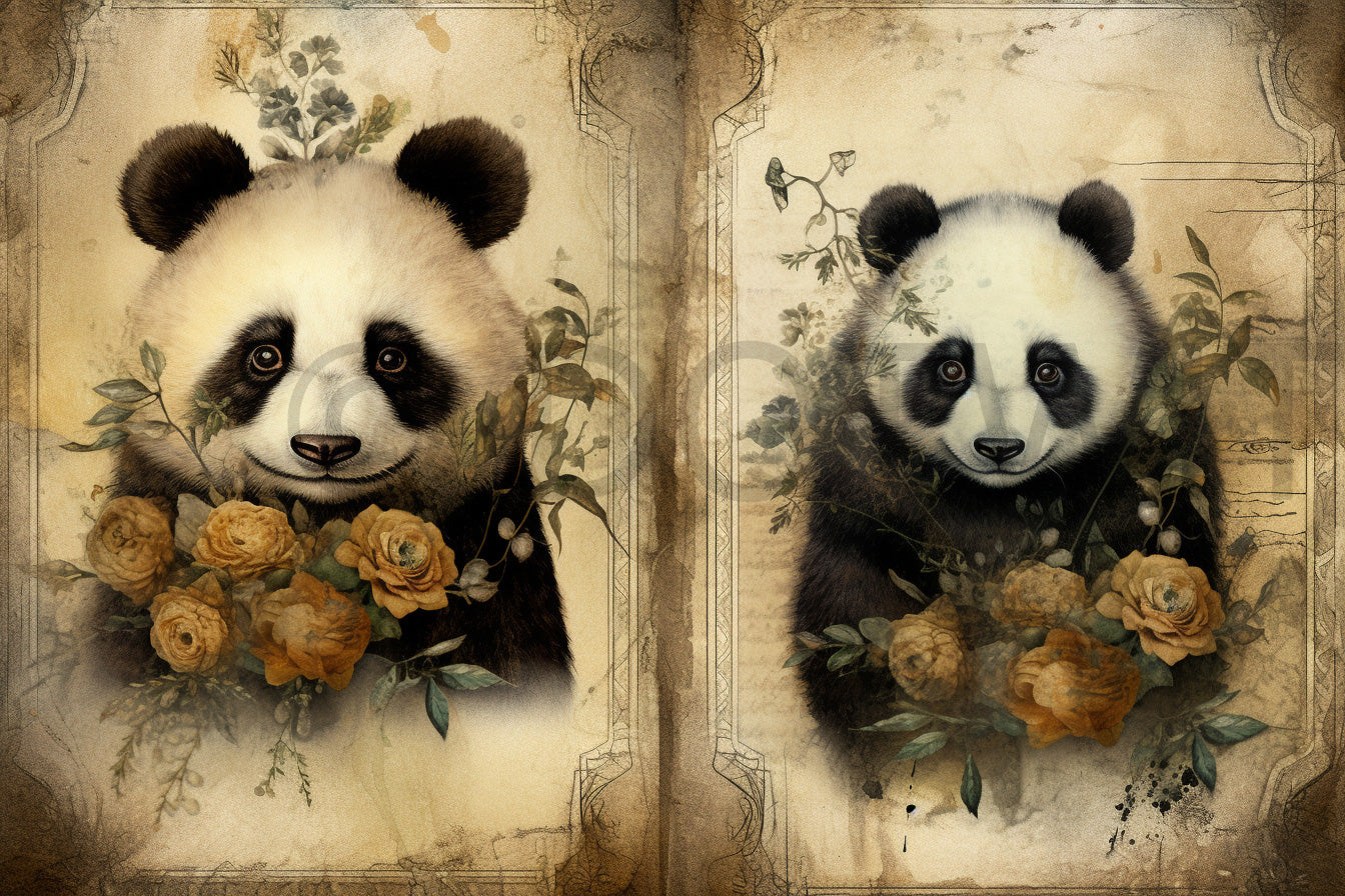 a panda in the meadow Vintage Junk Journal Cards Ephemera Digital Art and Midjourney Prompt Commercial Use