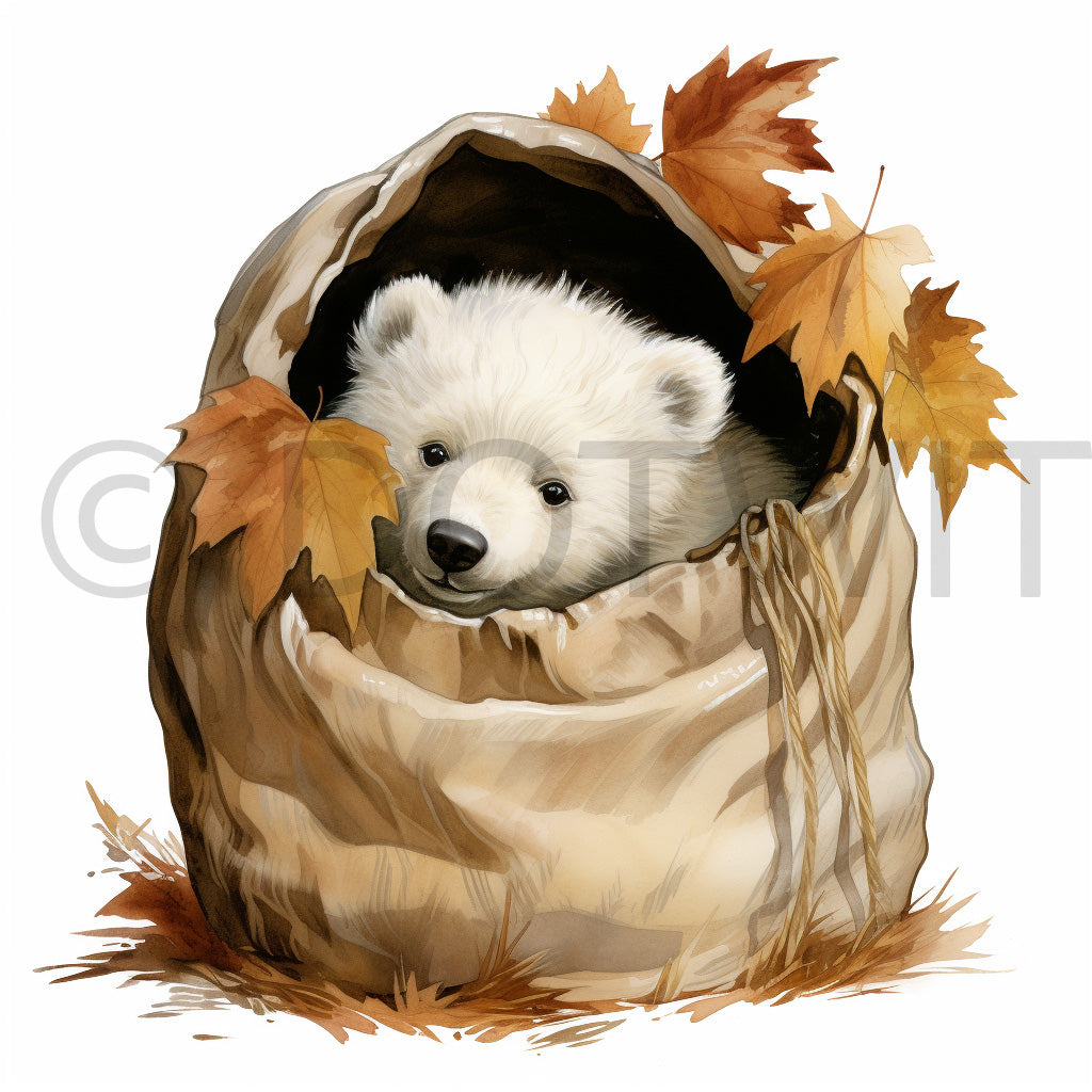 a polar bear inside a straw sack Vintage Autumn Animals Inside Cups Digital Art and Midjourney Prompt Commercial Use