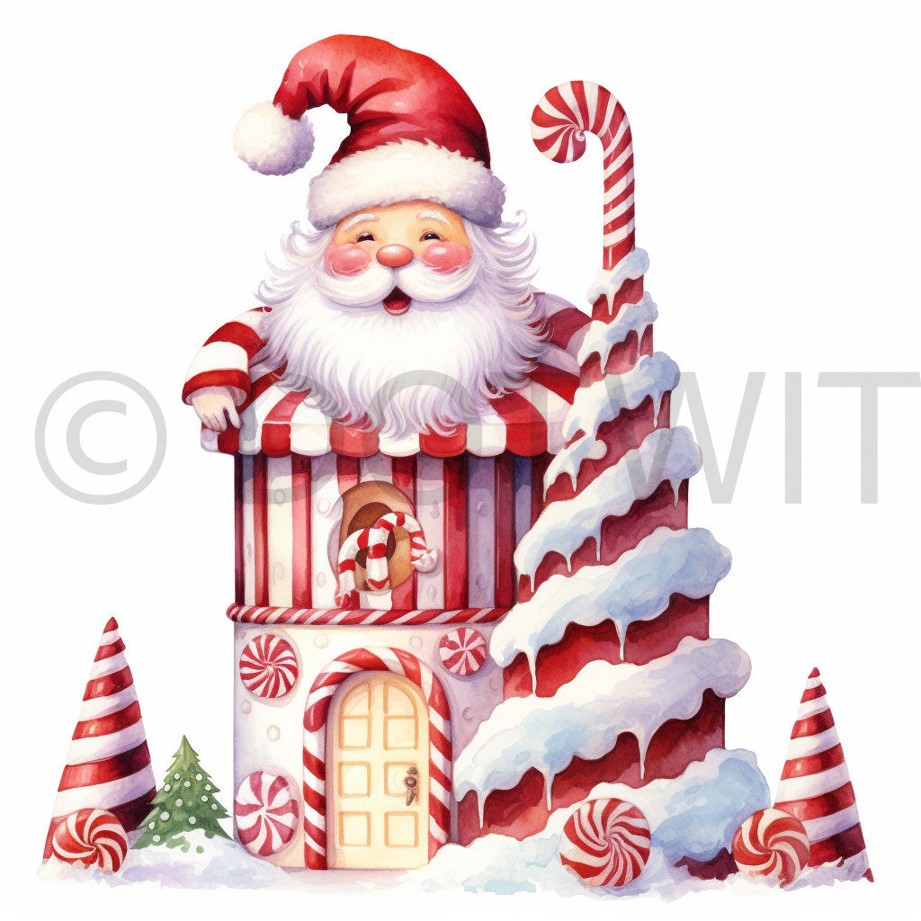 a santa claus on the chimney Christmas Watercolor Candy Cane Digital Art and Midjourney Prompt Commercial Use