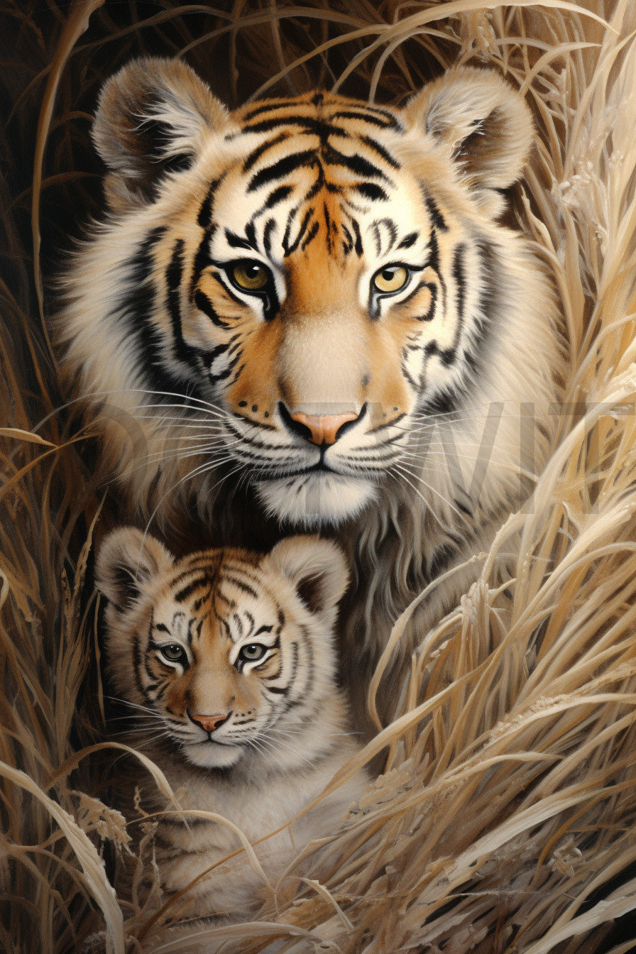 a tiger with its cub Wildlife Animals Posters Landscapes Cards Digital Art and Midjourney Prompt Commercial Use