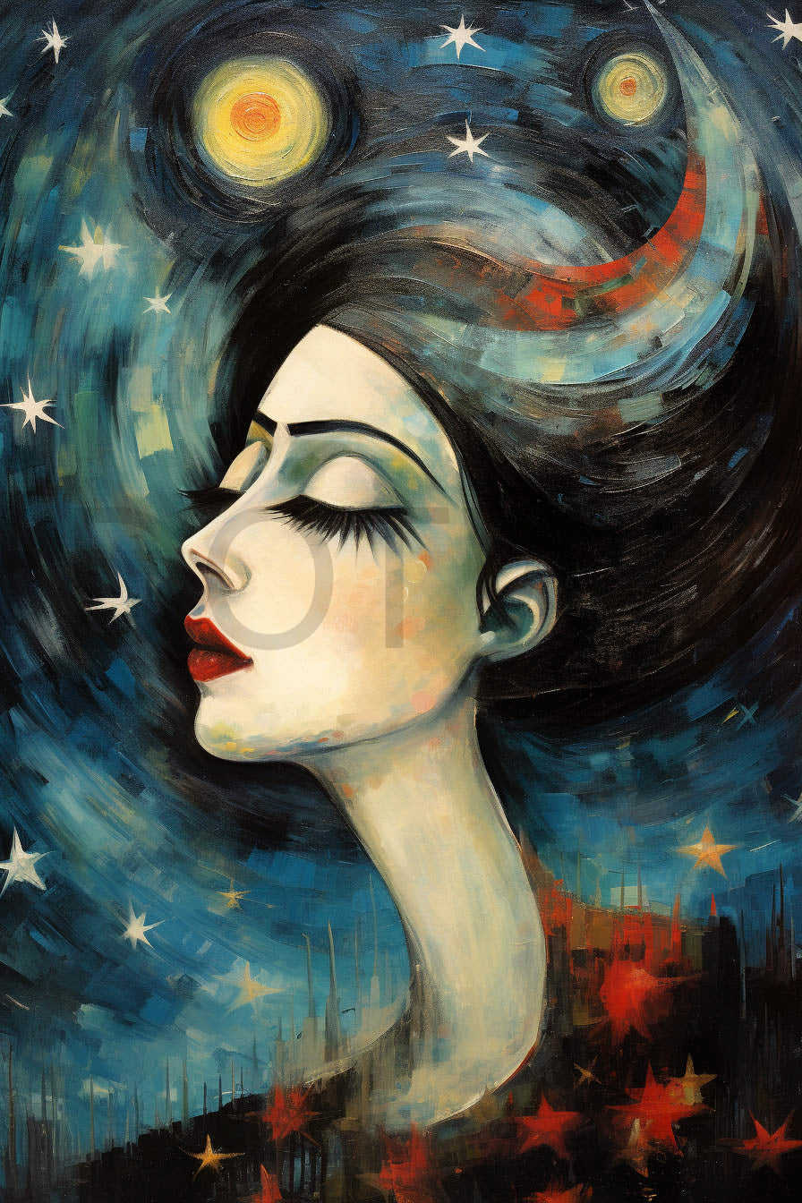 a woman with stars Impressionist Poster Modern Digital Art and Midjourney Prompt Commercial Use