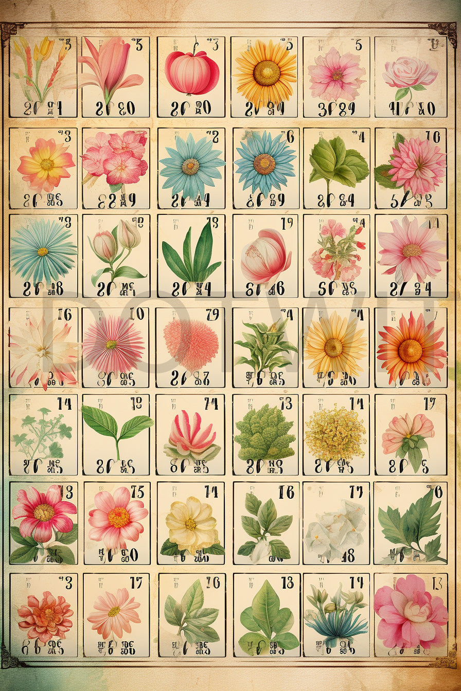 bingo with flowers Scrapbooking Paper Vintage Digital Cards Games and Midjourney Prompt Commercial Use