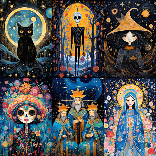 Christmas Halloween Holiday Art Postcards Midjourney Prompt Instant Download Collection of six paintings blue and gold cute christmas 