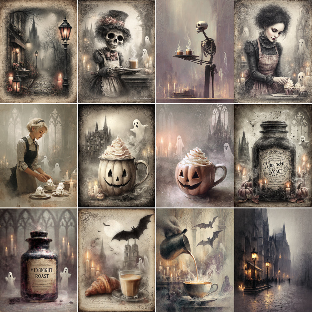 Collage of Halloween-themed images including skeletons, pumpkins, and a haunted castle.
