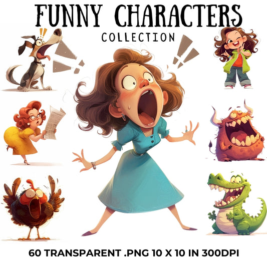60 Funny Characters Clipart PNG Bundle