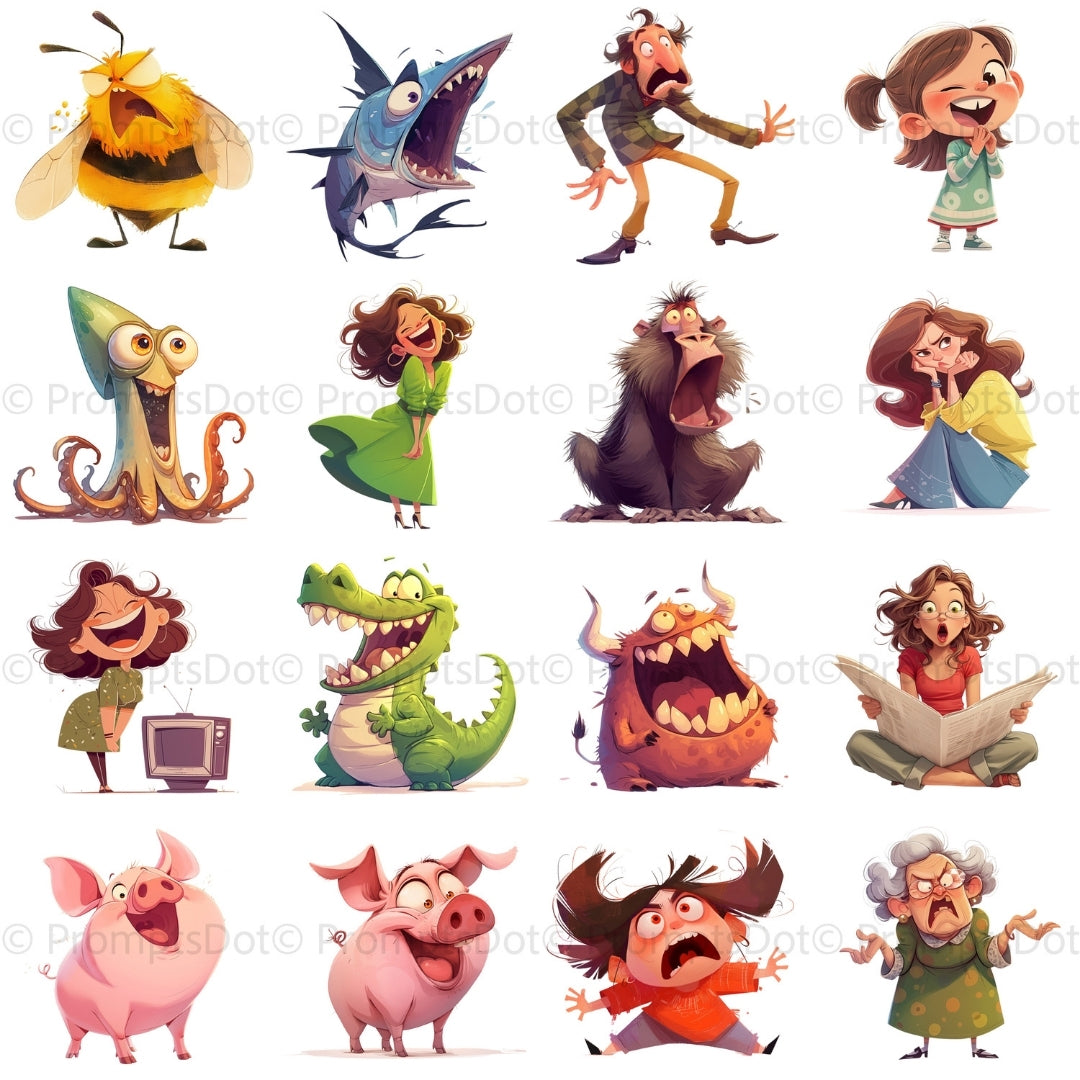 grid 1 60 Funny Characters Clipart PNG Bundle