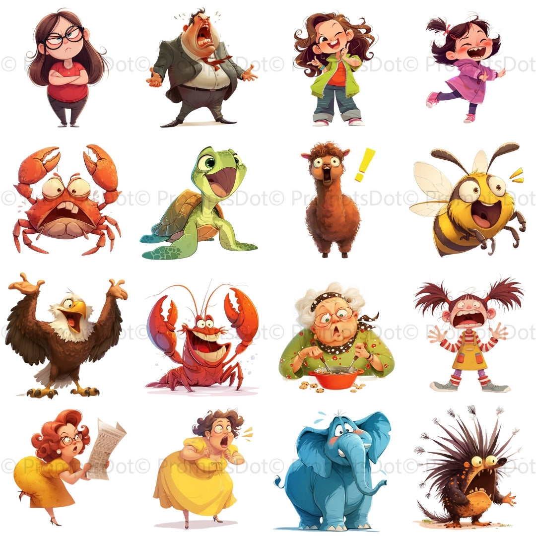 grid 3 60 Funny Characters Clipart PNG Bundle