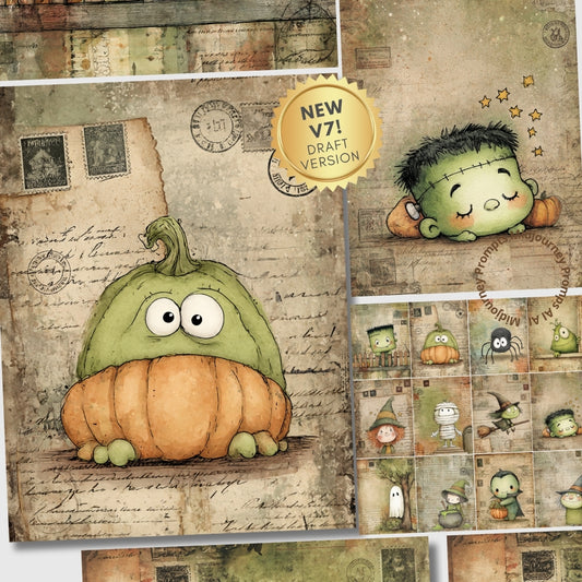 Illustrations of pumpkins and a creature on a vintage-style background with 'NEW V7! DRAFT VERSION' text.