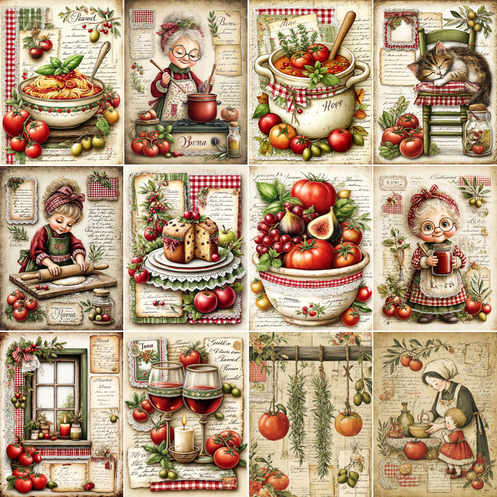 Collage of vintage-style kitchen-themed illustrations with food, cooking elements, and people.