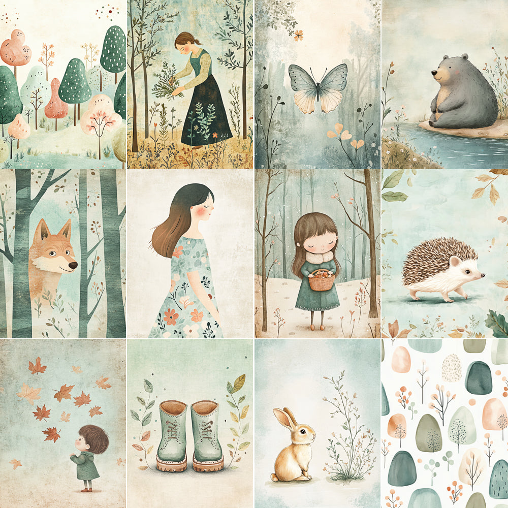 Midjourney V 6.1 Prompts for Minimalist Nostalgic Woodland Pages