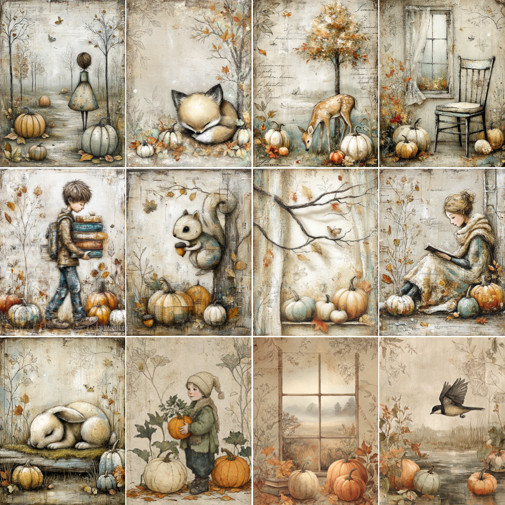 Collage of autumn-themed illustrations featuring pumpkins, animals, and a child.